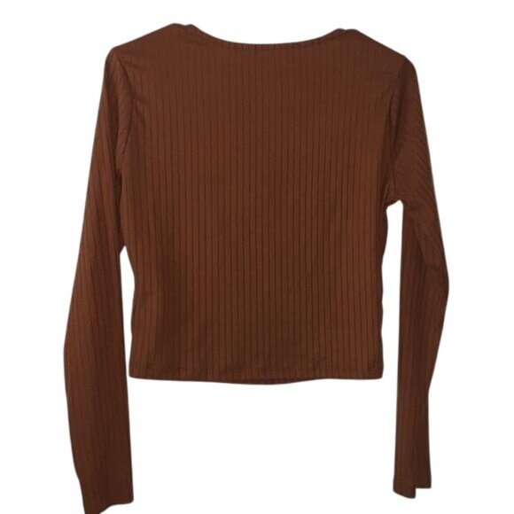 Cutout Front Ribbed Long Sleeve Top Brown No Comment L Polyester/Spandex Womens - Picture 6 of 8